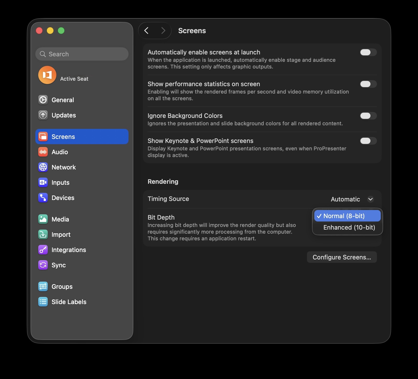 Screens Tab of Settings