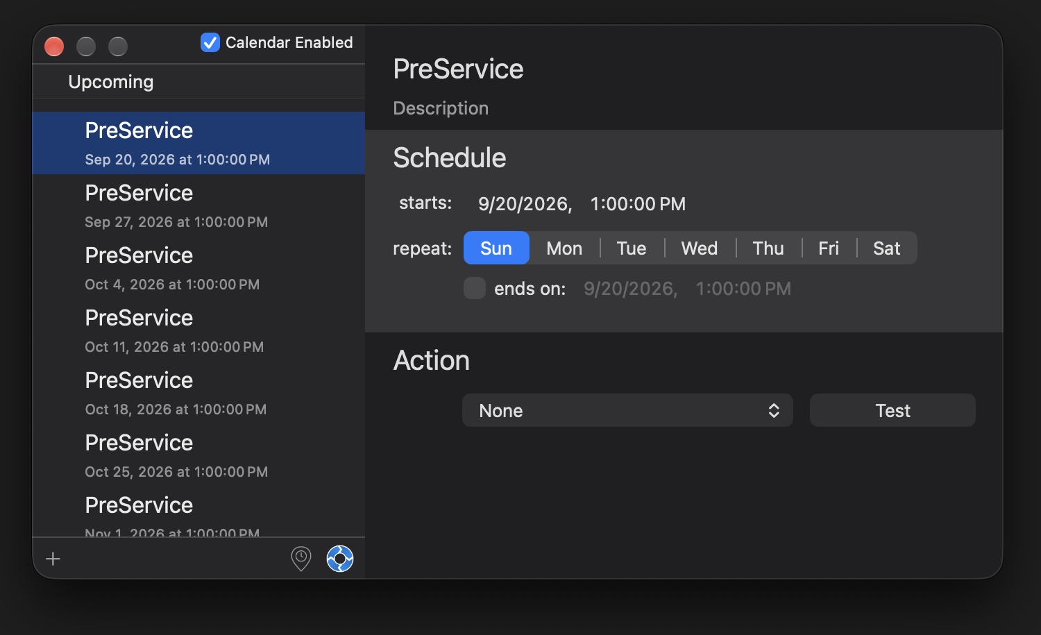 The Upcoming view listing each recurring instance