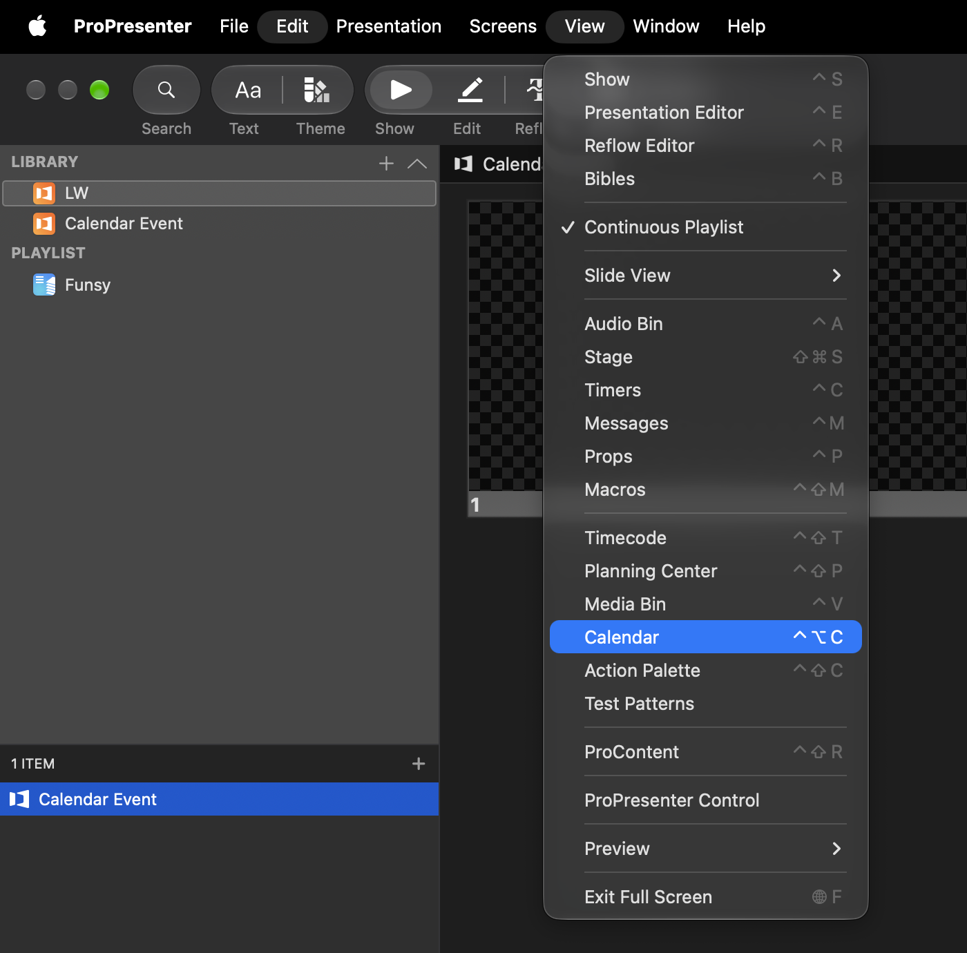The View menu with Calendar selected