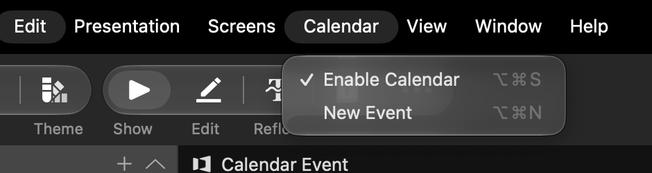The Calendar menu open in the menu bar, showing Enable Calendar and New Event