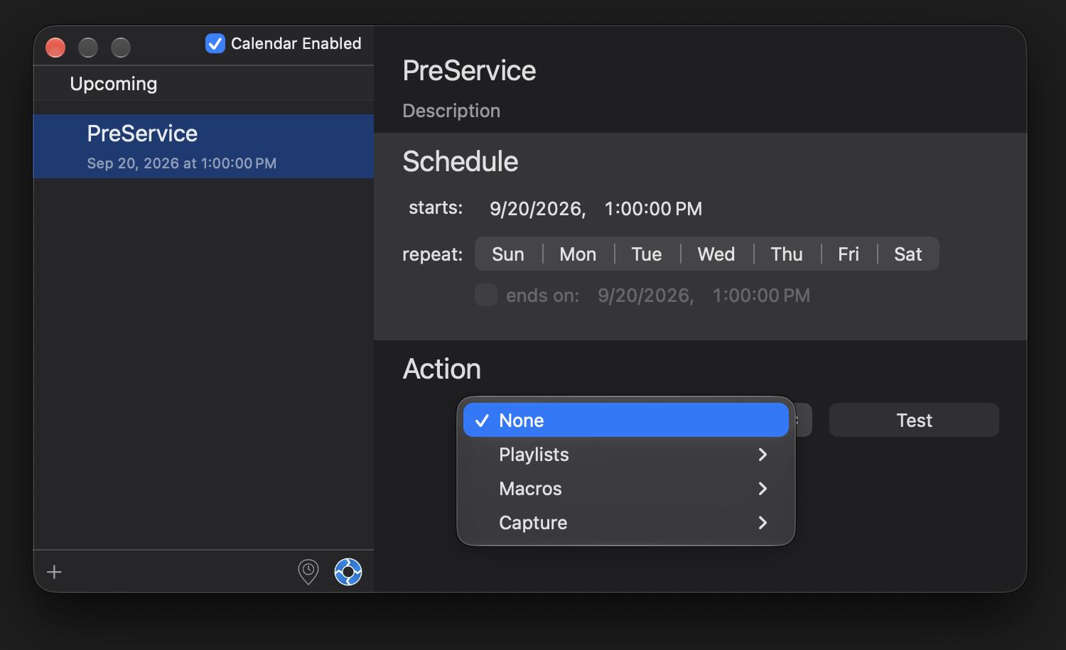The Action dropdown open, showing None, Playlists, Macros, and Capture