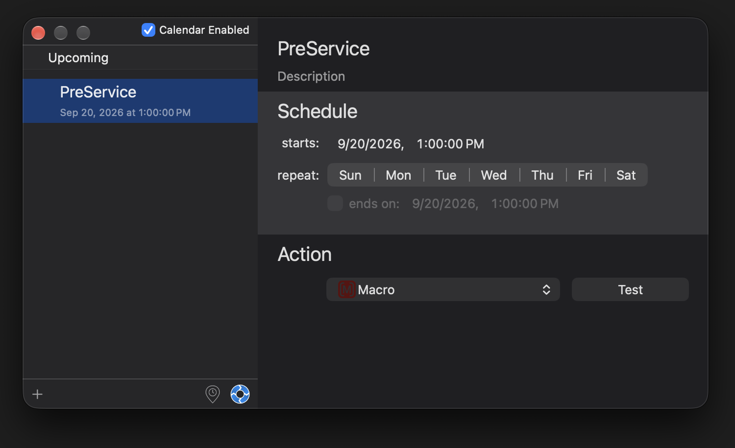 An event with an action assigned and the Test button beside it