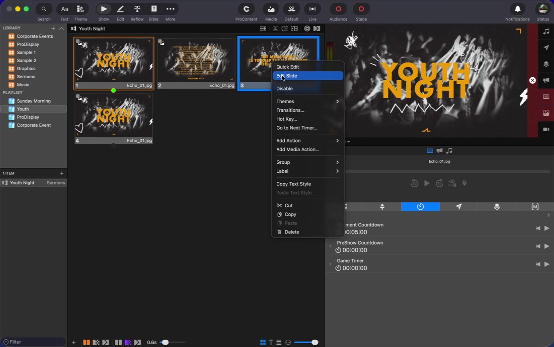 Right-click a slide and choose Edit Slide