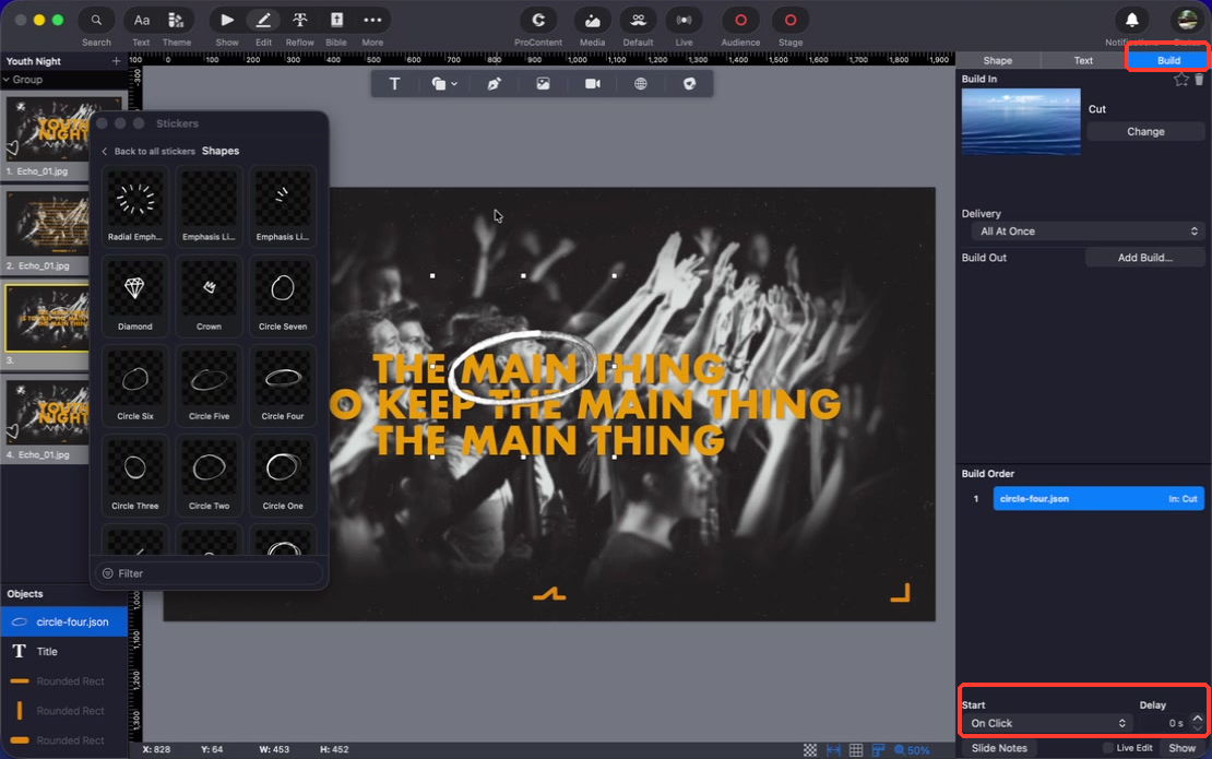 The Build tab with a Cut build and Start set to On Click