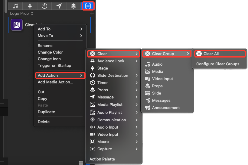 Macros tab, then Add Action, Clear, Clear Group, Clear All