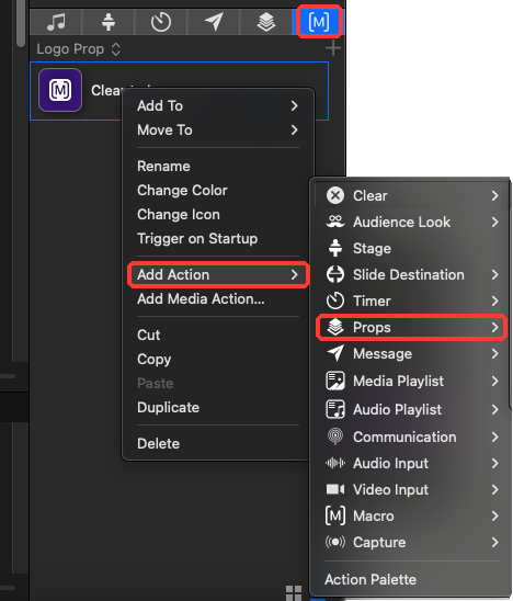 Add Action, then Props