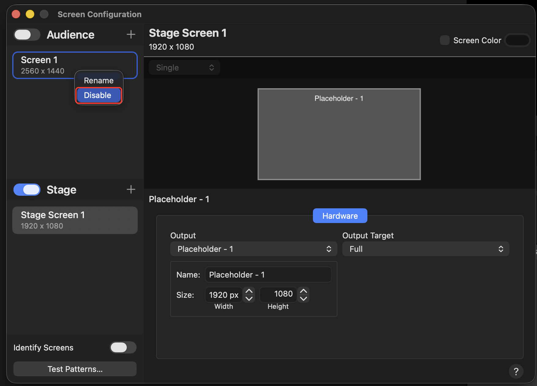 Right-click menu on Screen 1 with Disable selected