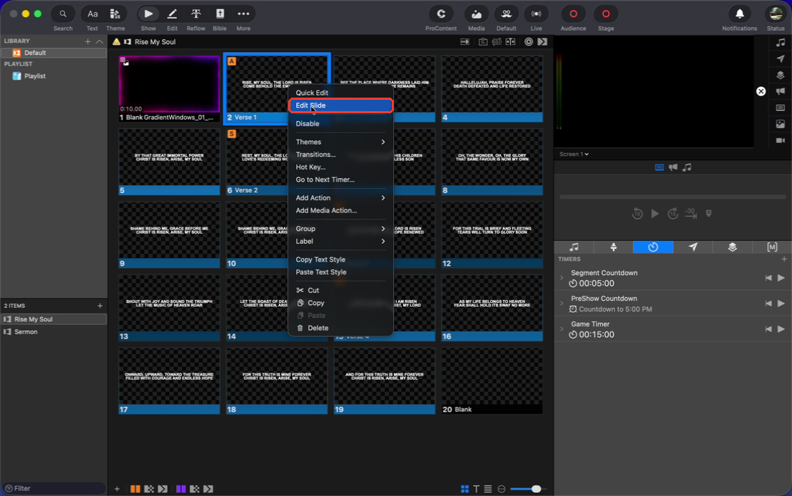 Right-click a slide and choose Edit Slide