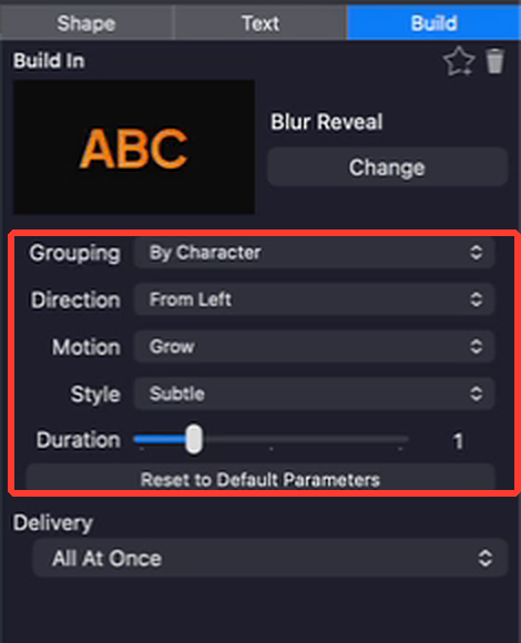 Text animation options under Build In