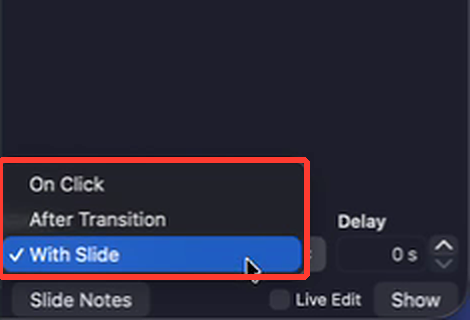 Start options: On Click, After Transition, With Slide