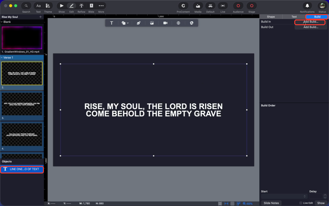 Select the text object, open the Build tab, and click Add Build