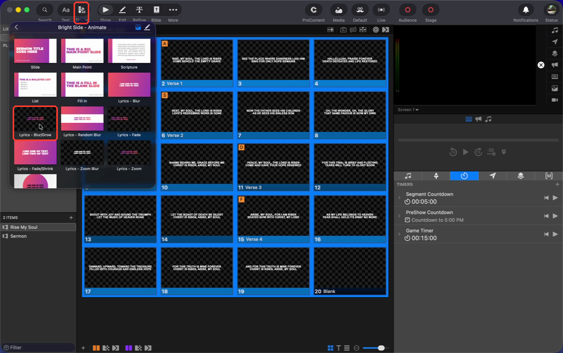 Select the slides, click Theme, and choose a Bright Side - Animate template