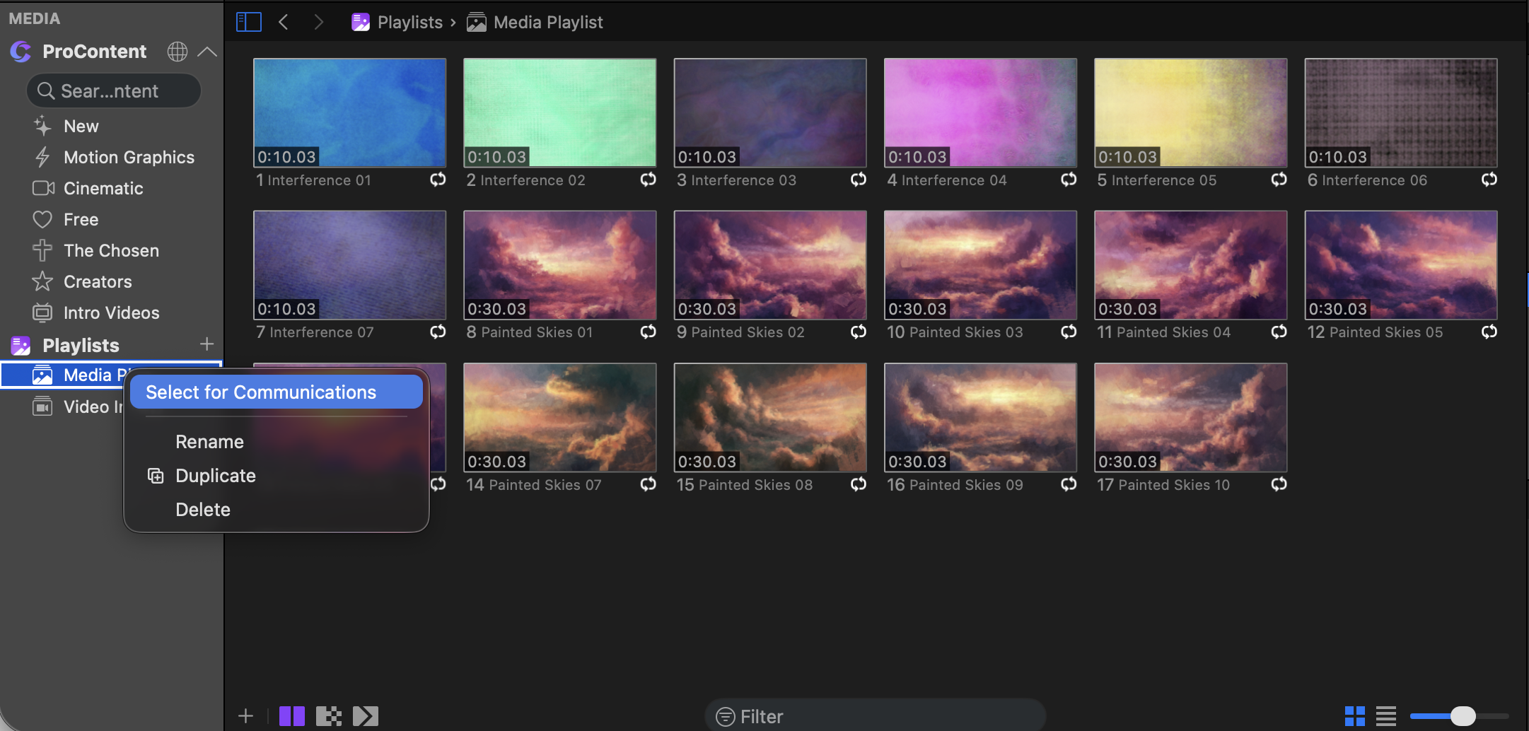 Select for Communications in the Media Bin playlist menu