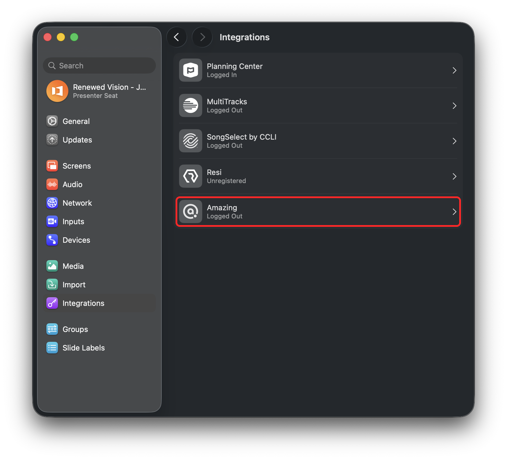 Integrations settings with Amazing highlighted