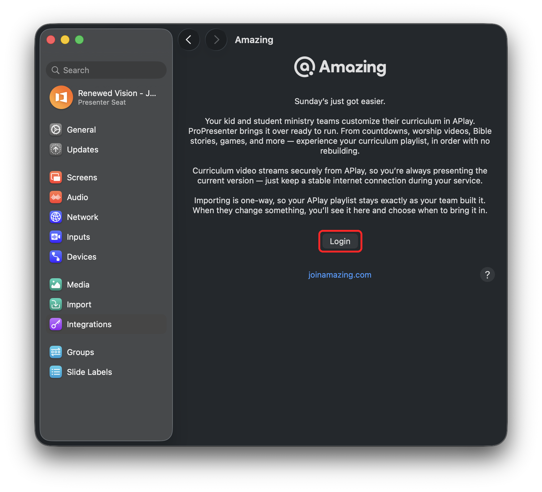 Amazing integration page with the Login button highlighted