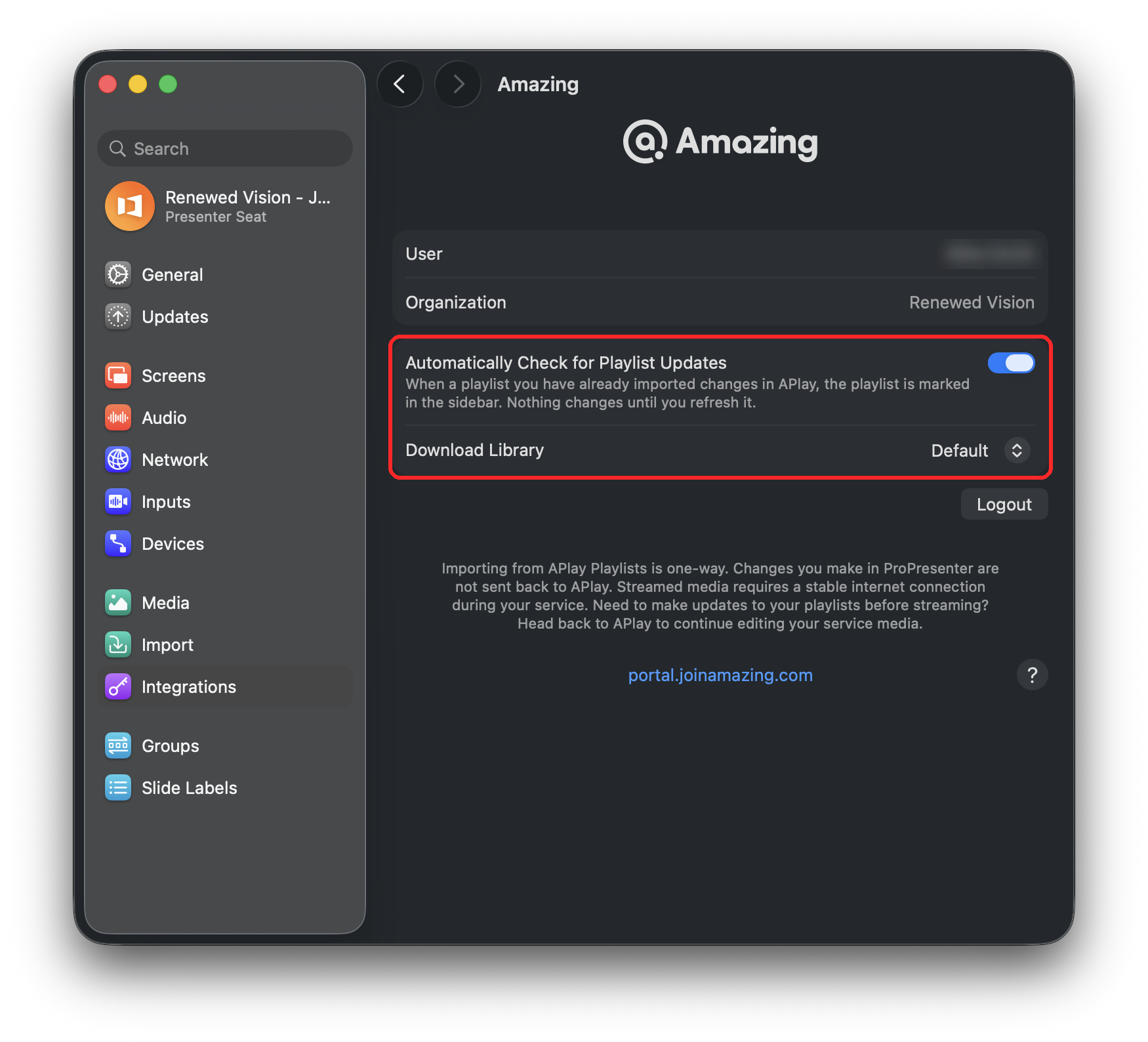 Integrations page in the connected state