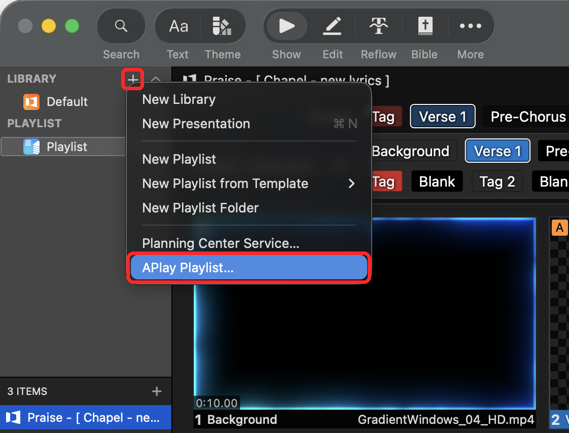 The + menu with APlay Playlist highlighted