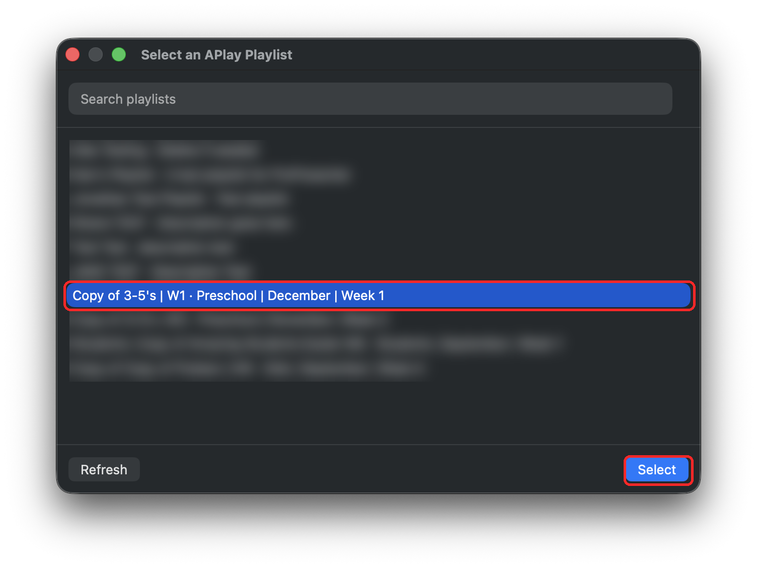 The playlist picker with a playlist and the Select button highlighted