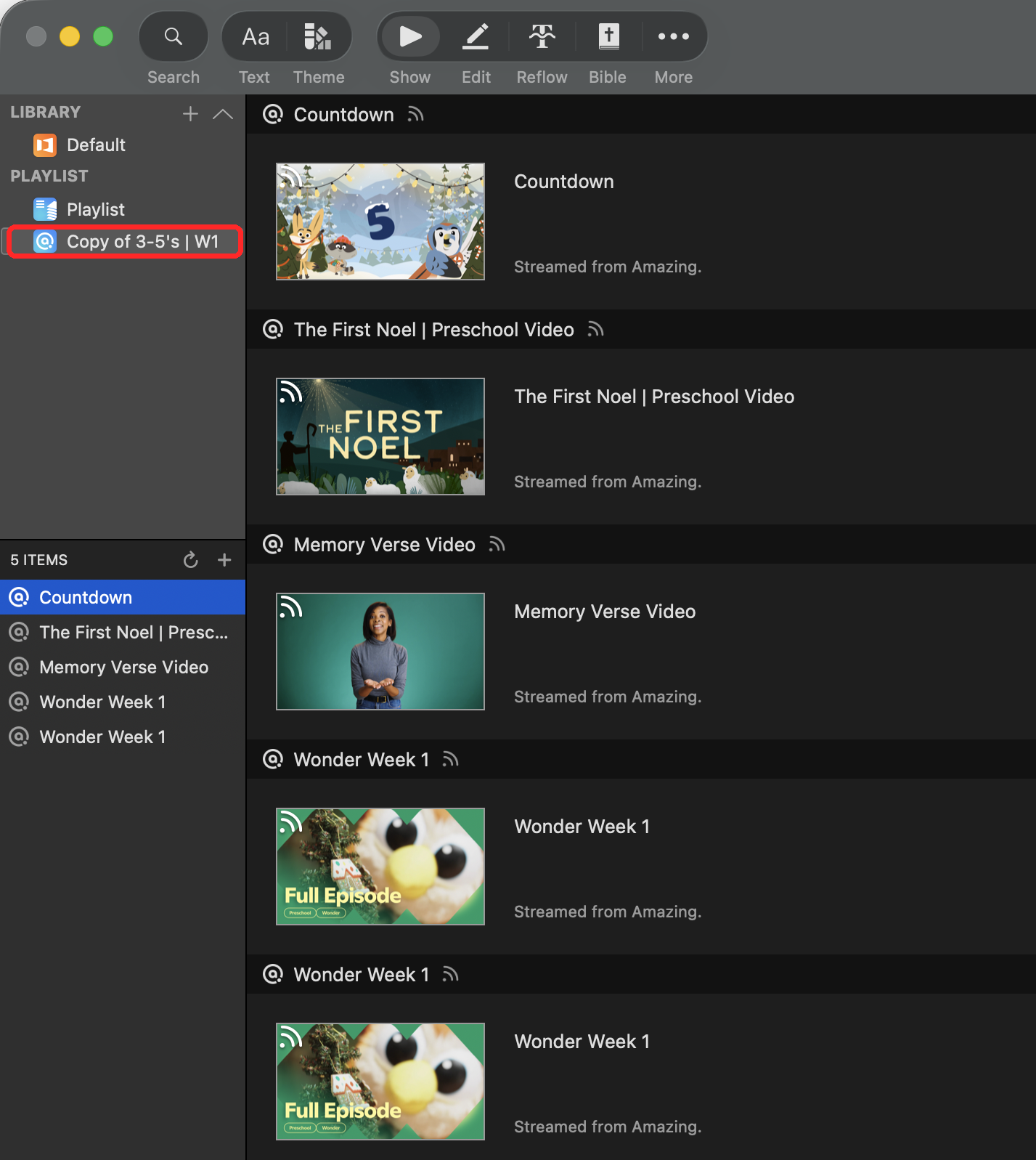 An imported Amazing playlist in ProPresenter