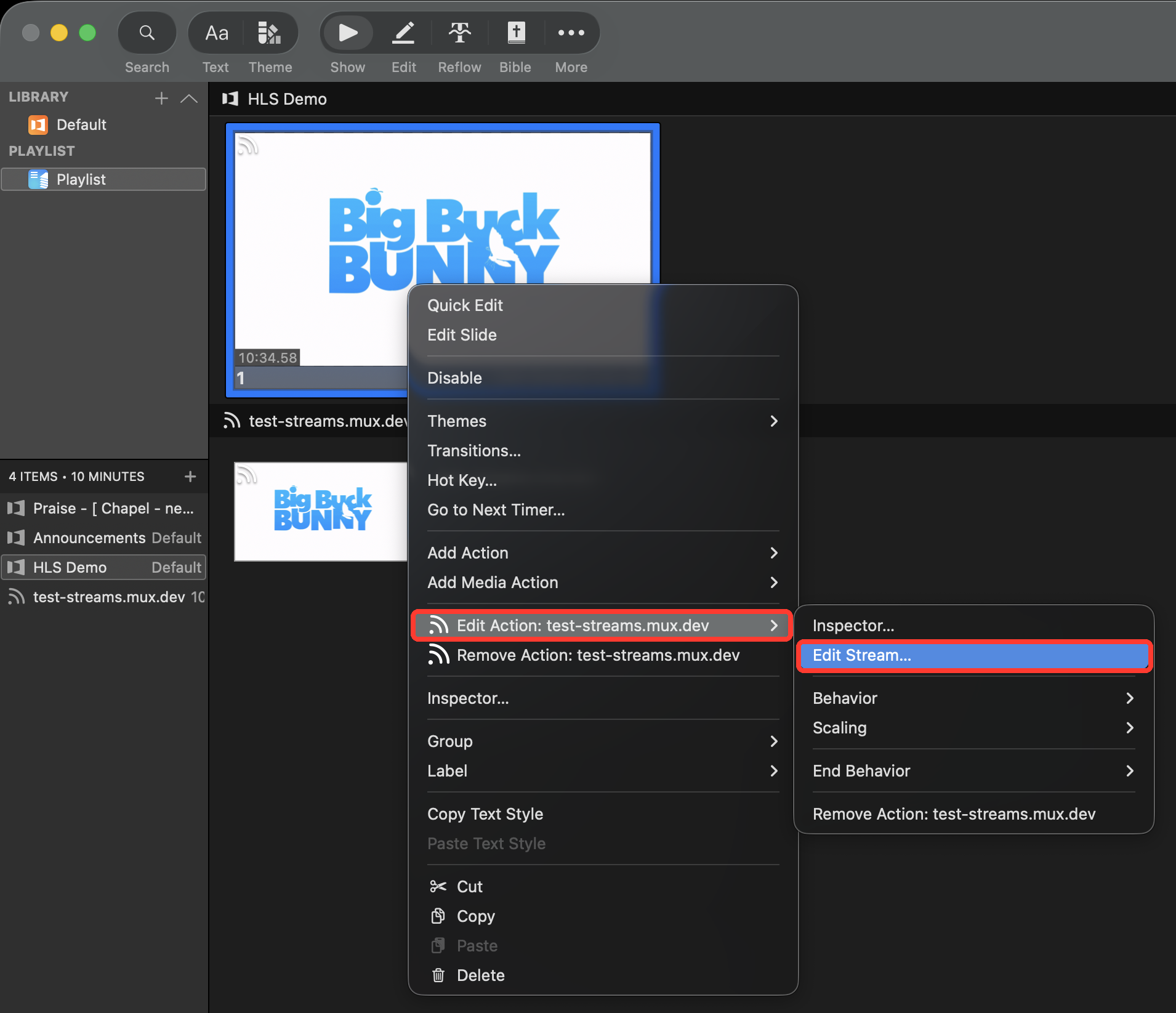 Slide right-click menu with Edit Action and the Edit Stream option highlighted