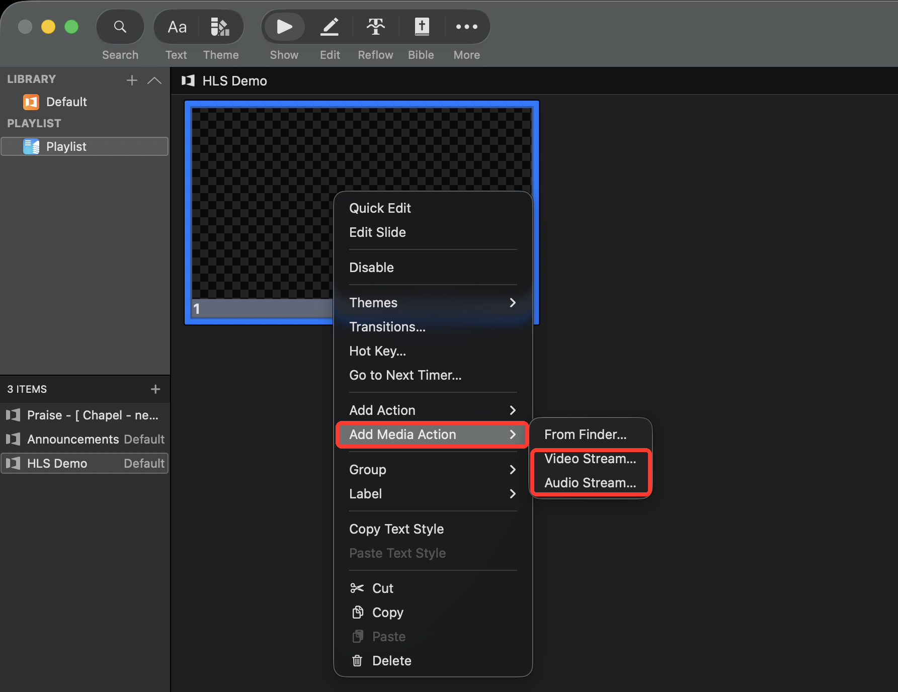 Slide right-click menu with Add Media Action and the Video Stream and Audio Stream options highlighted