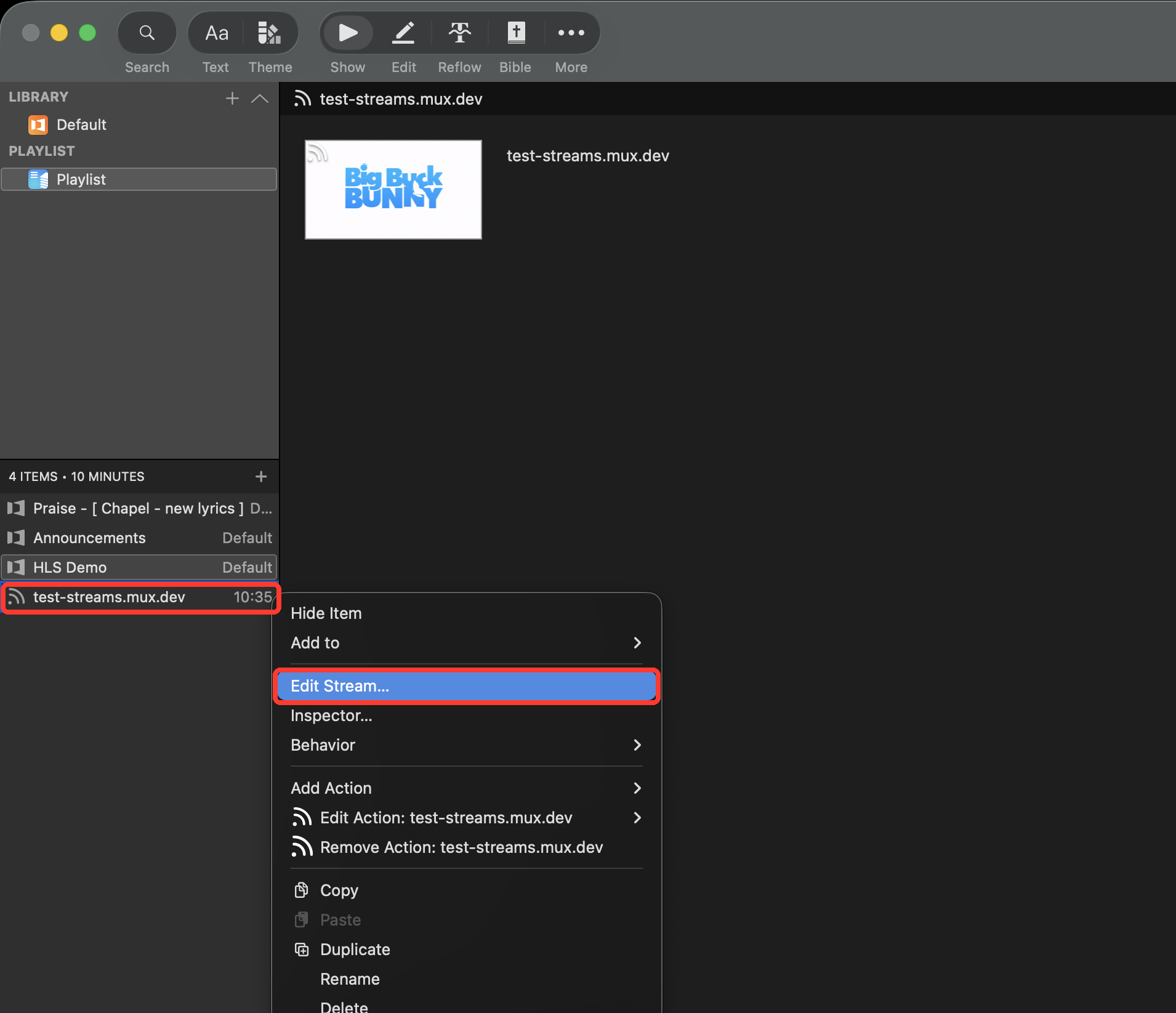 Playlist item right-click menu with the stream item and Edit Stream option highlighted